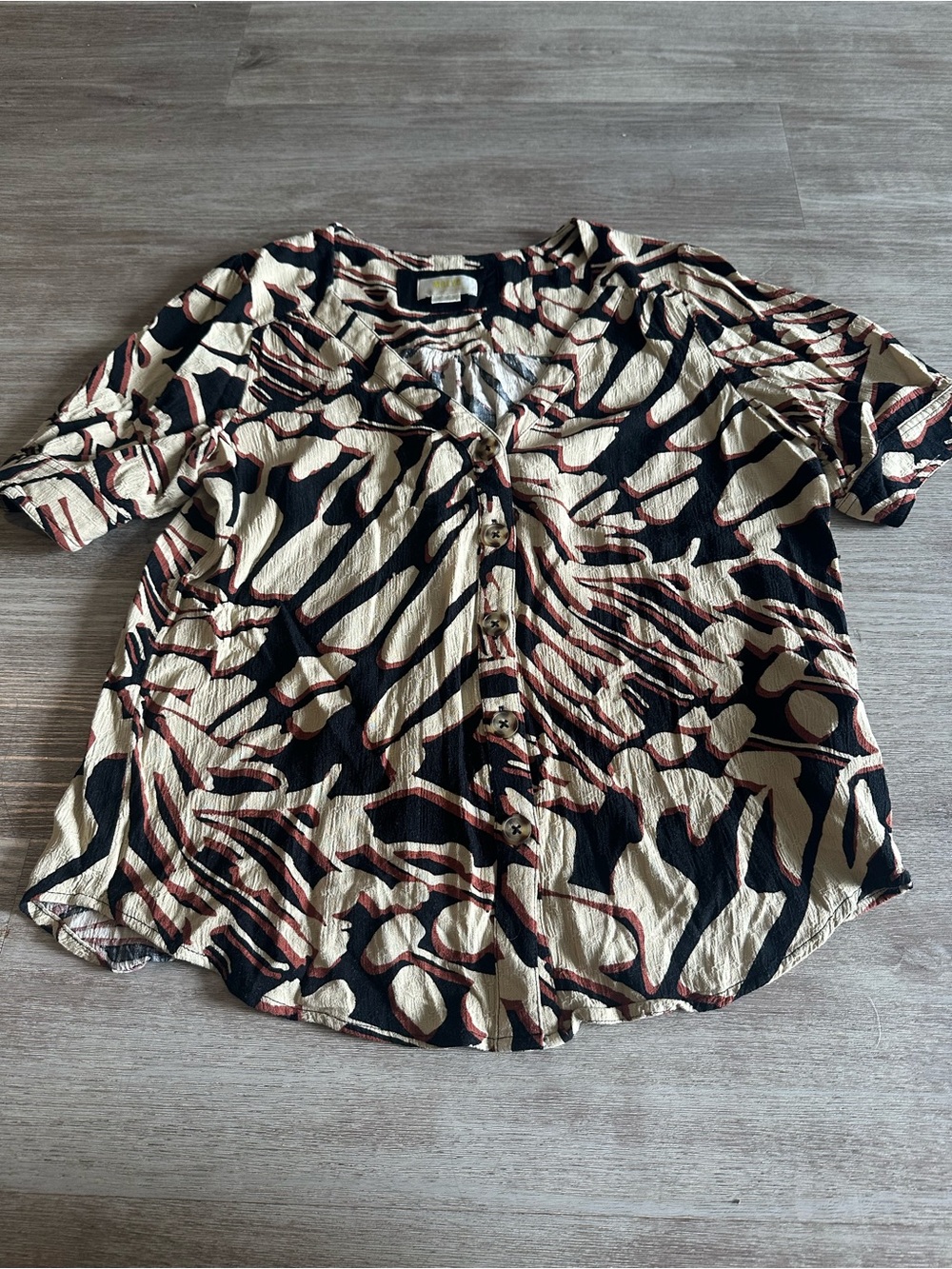 Maeve Safari Print Short Sleeve Button Down Top in Black, Cream & Brown